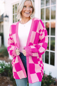 Rose Red Checkered Printed Ribbed Trim Open Front Cardigan