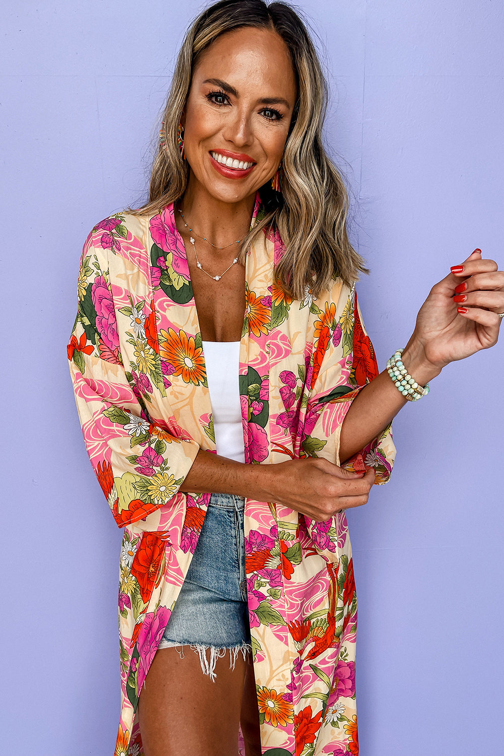 Pink Floral Allover Print Open Front Belted Duster Kimono