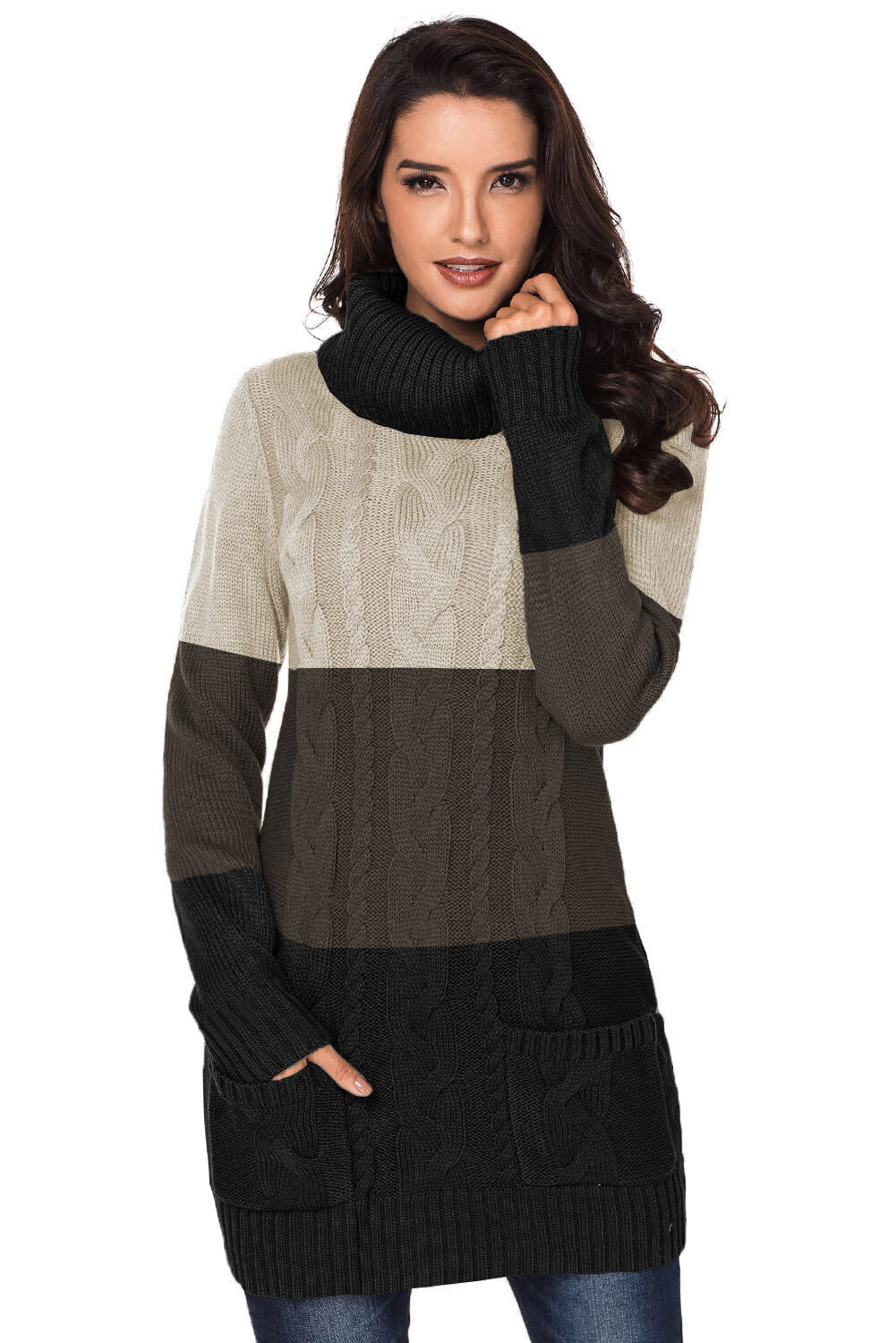 Olive Cowl Neck Cable Knit Sweater Dress