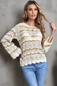 Wavy Stripe Scalloped Edge Pointelle Knit Sweater