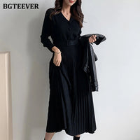 BGTEEVER Elegant V-neck Single-breasted Women Thicken Sweater Dress 2021 Autumn Winter Knitted Belted Female A-line soft dresses