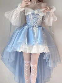 French Romantic Style Lolita Op Elegant Girl Cosplay Princess Puff Sleeve Ribbon Bowknot Flower Tunic Mesh Fantastic Fairy Dress