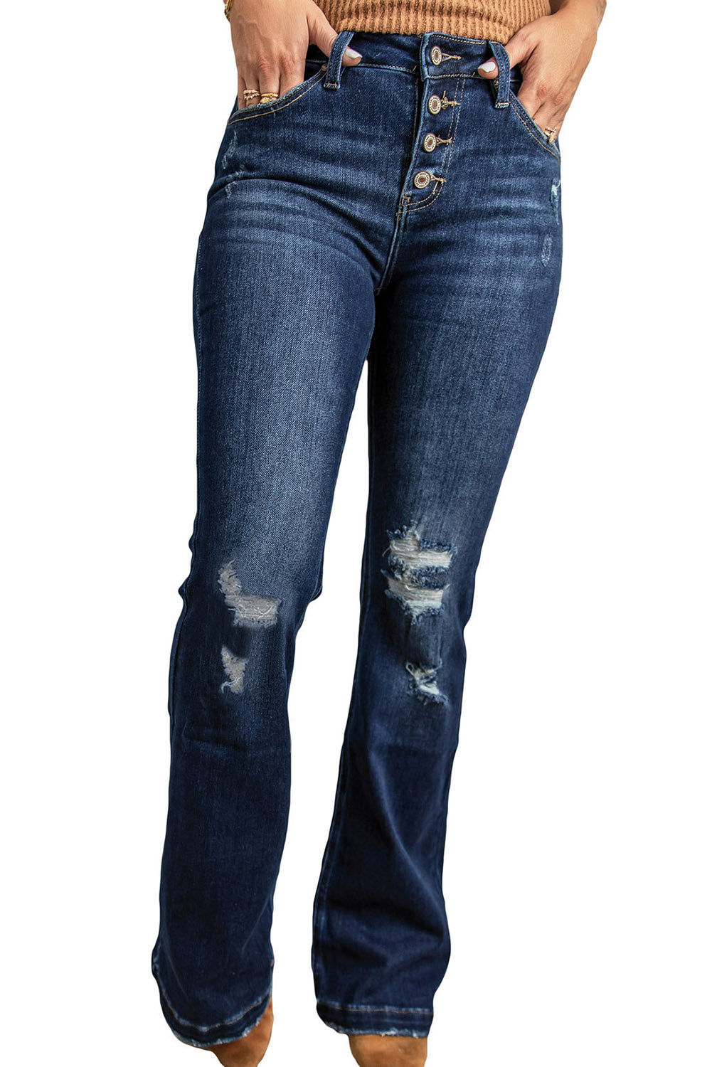 Dark Washed Distressed Flare Bottom Jeans