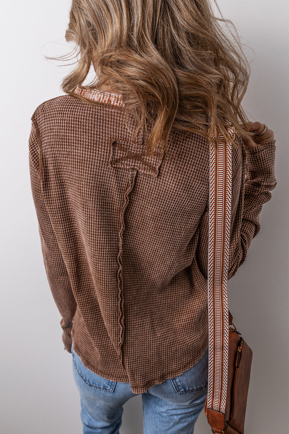 Coffee Acid Wash Waffle Knit Buttoned Neckline Long Sleeve Top