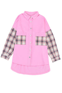 Black Plaid Patchwork Chest Pockets Oversized Shirt Jacket