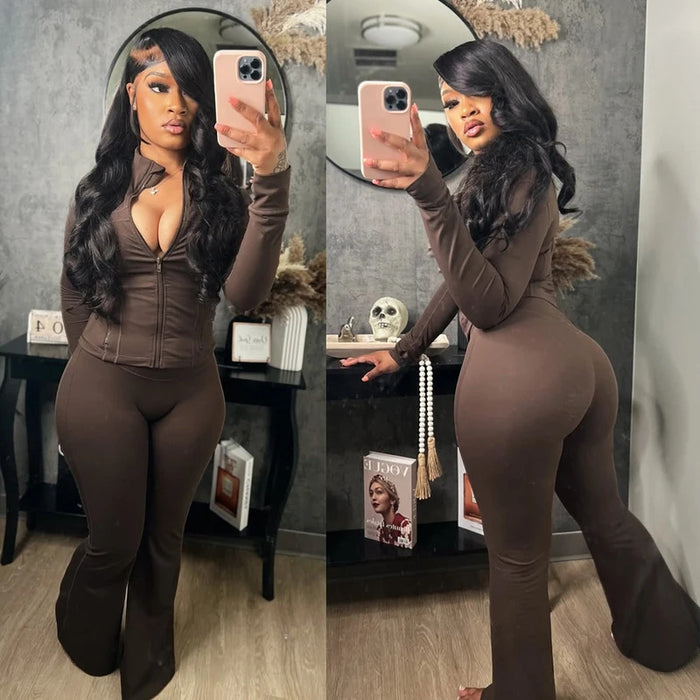 Fall 2024 Women Clothes Two Piece Flared Pants Tracksuits Set Casual Gym Active Wear 2 Piece Set Lounge Women Matching Sets