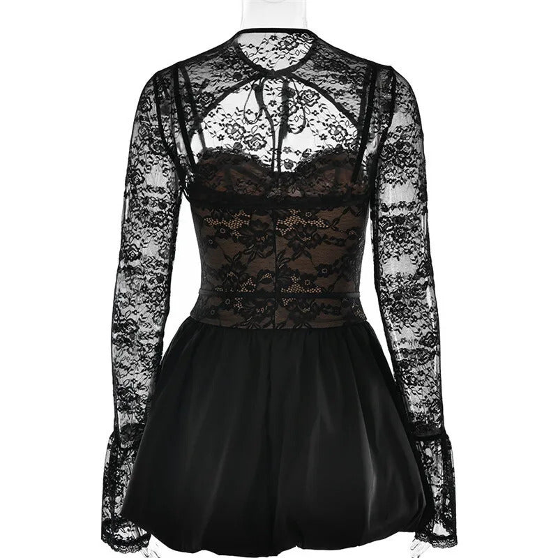 Mozision Black Lace Puffball Sexy Mini Dress For Women Fashion Lace-up Sheer Long Flare Sleeve High Waist Club Party Dress