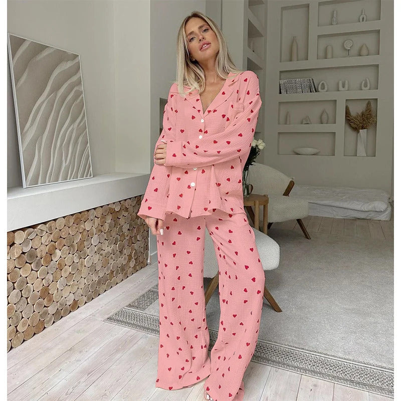 Summer New Love Heart Print Pyjama 100% Cotton Long Sleeve Set 2Pcs Outfit Lapel Sleepwear Button Down Women's Pajamas Nightwear