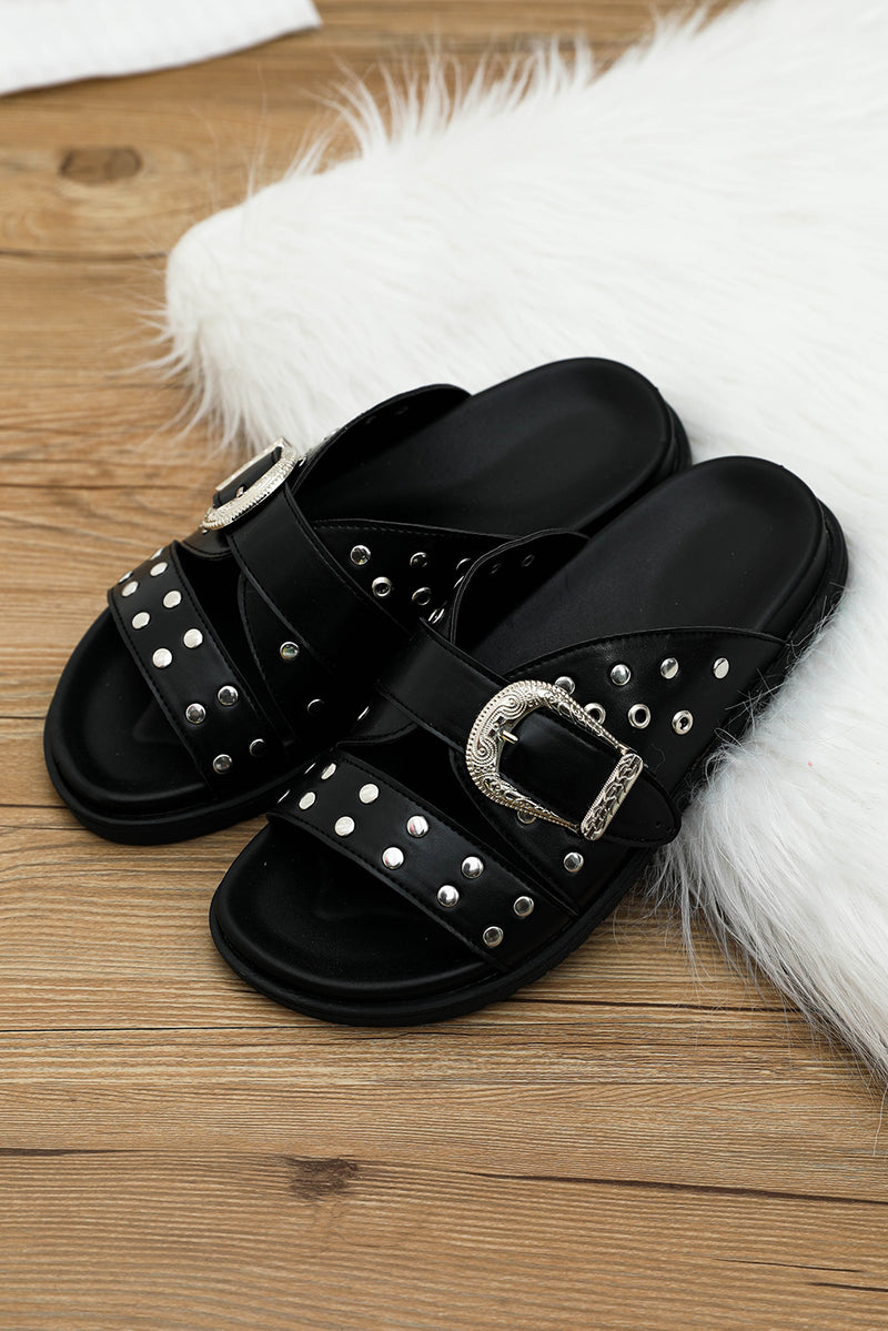 Black Retro Buckle Rivet Detail Leather Hollowed Slippers