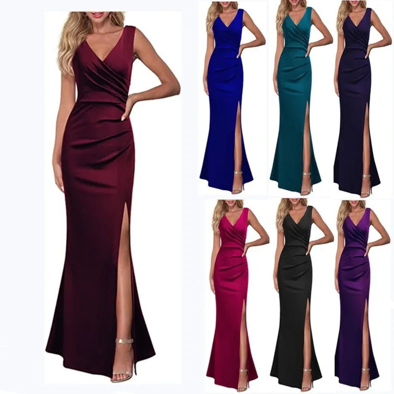 Women's V-neck Sleeveless Maxi Dress Summer Party Dance Slim Side Slit Evening Dress Sexy Backless Elegant Long Dress Partywear