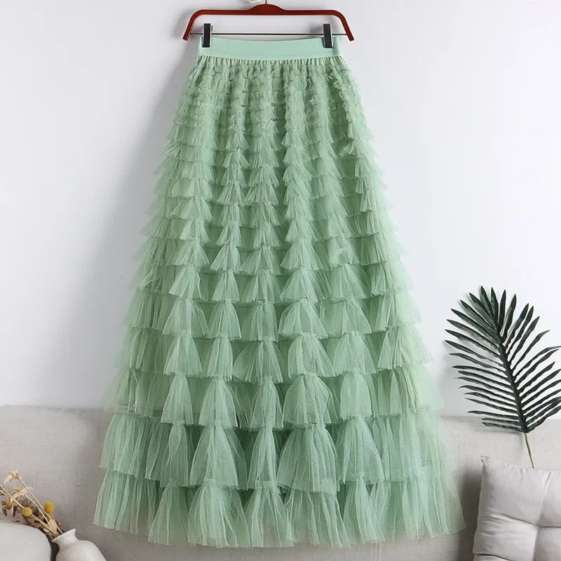 Medium-length Wire Mesh Spliced Cake Skirt 2023 Spring Summer Autumn/winter New Style A- line Long Dress Puffy Dress