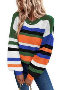 Multicolour Striped Knit Drop Shoulder Puff Sleeve Sweater