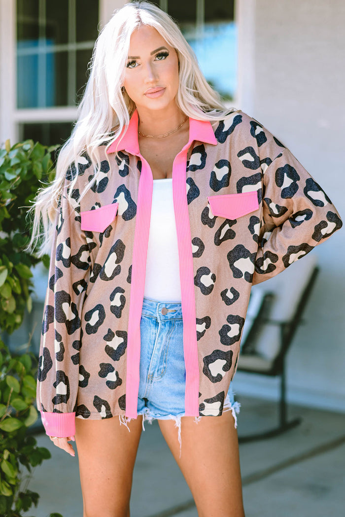 Leopard Ribbed Contrasting Trim Collared Jacket