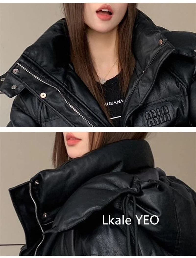 Women's Leather Down Cotton Jacket 2025 Versatile Hooded Lady Winter Parka Coat Fashion Student Ladies Cotton Padded Outerwear