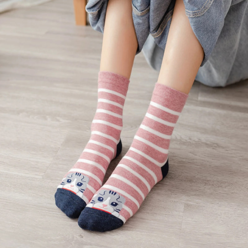 5 Pairs of Women's Crew Socks with Cat Patterns, Cute, Unique, Fun, Comfortable, Moisture-Wicking