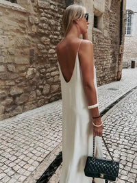 Elegant White V-neck Split Women Maxi Dress Fashion Backless Sleeveless Sling Dresses 2024 Summer Lady Beach Vacation Vestidos