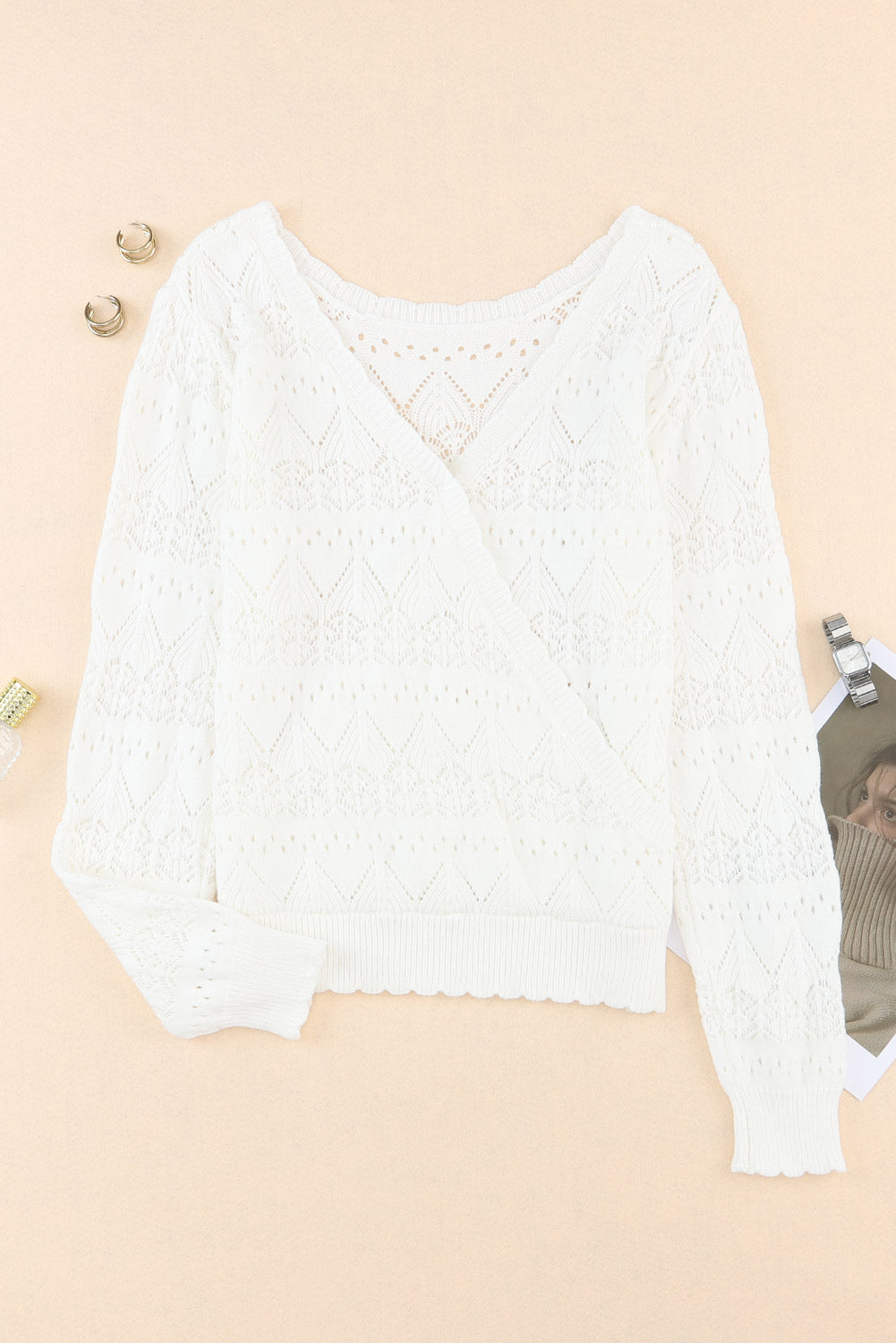 White Surplice V Openwork Textured Sweater