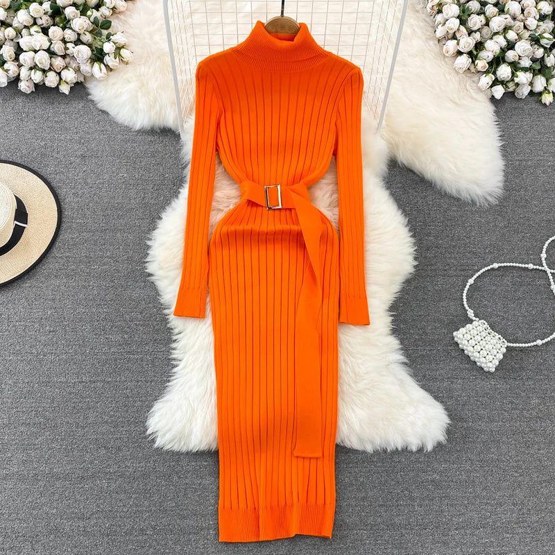 YuooMuoo Ins Hot Turtleneck Sexy Wrap Hips Knitted Dresses Women 2023 Autumn Winter Long Sleeve Bodycon Sweater Dress with Belt