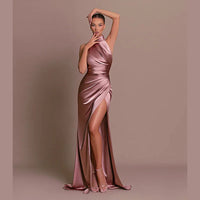 Women Elegant Long Evening Cocktail Party Dress Sexy Halter Backless Ruched High Split Bodycon Wedding Guest Bridesmaid Dress