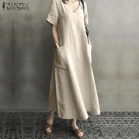 ZANZEA 2023 Women Long Maxi Summer Dress Casual Cotton Linen  Ladies Big Pockets Beach Party Robe Femme Vestidos