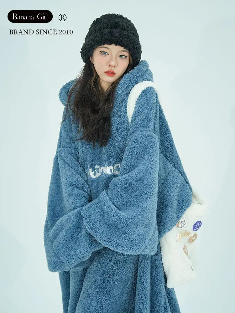 Robe for Women Sleepwear Winter Nightdress Night Wears Warm Pajama One Piece Nightgown Hooded Sleeping Homewear Kawaii Loose