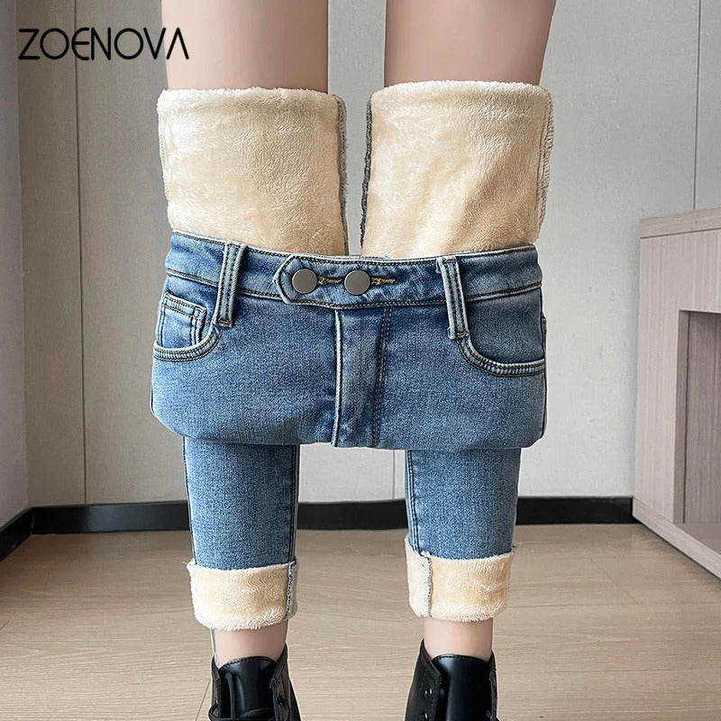 ZOENOVA 2024 Winter Thick Velvet Women Jeans High Waist Skinny Jeans Simple Fleece Warm Slim Stretch Casual Denim Pencil Pants