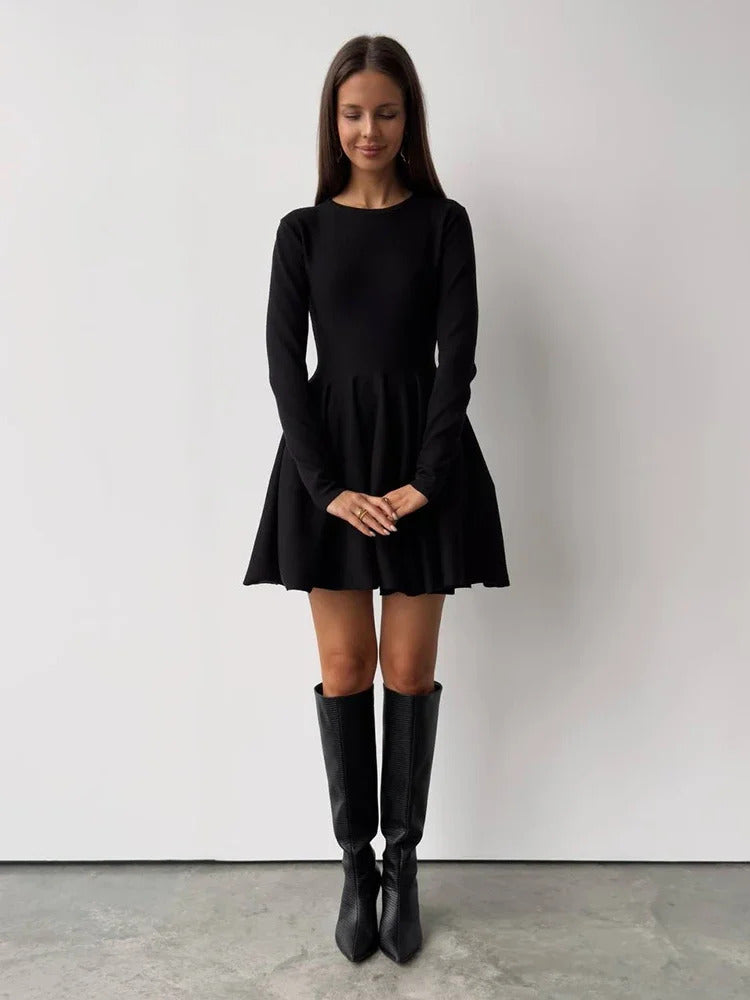 Blessyuki Elegant Solid Knit Dress Women Autumn Winter Casual Long Sleeve A-line Evening Dresses Female Korean Sexy Mini Dress