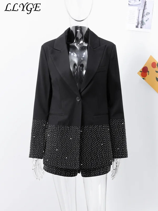 Fashion Rhinestone Blazer Shorts Sets Women Loose Lapel Full Sleeve Jacket Wide Leg Short Pants 2024 Autumn Lady Elegant Outfits