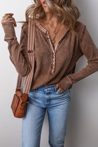 Coffee Acid Wash Waffle Knit Buttoned Neckline Long Sleeve Top