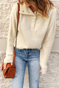 Khaki Buttoned Turn Down Collar Comfy Ribbed Sweater