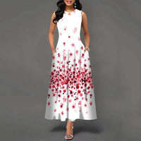 Flower Print New Casual Sleeveless Long Dress Women's V-Neck Printed Dress Swing Bohemian Retro Dresses