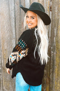 Black Western Aztec Print Accent Fleece Shacket