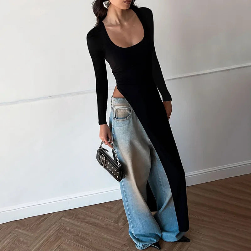 Woman Clothing Long Sleeve High Slit Black T-shirt Dress Y2K Streetwear 2024 Fall Ladies High Waist Slim Irregular Long Dresses