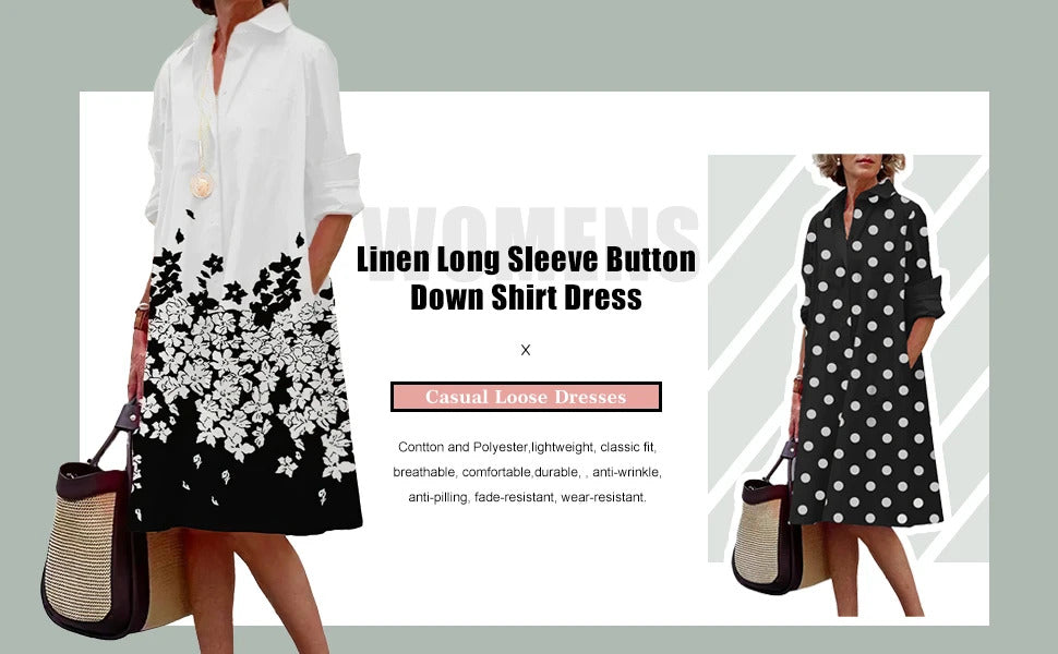 Floral Pattern Shirt Dress Elegant Women's Summer Casual Lapel Long Sleeve Midi Dress High Temperament Fashion Street Shirt