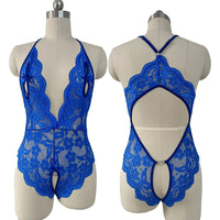 Blue Sexy Crotchless Lingerie Women Lace Hollow Pajama Sets Erotic Costumes Teddy Baby Doll Sleepwear Open Bra Porn Pajamas Set