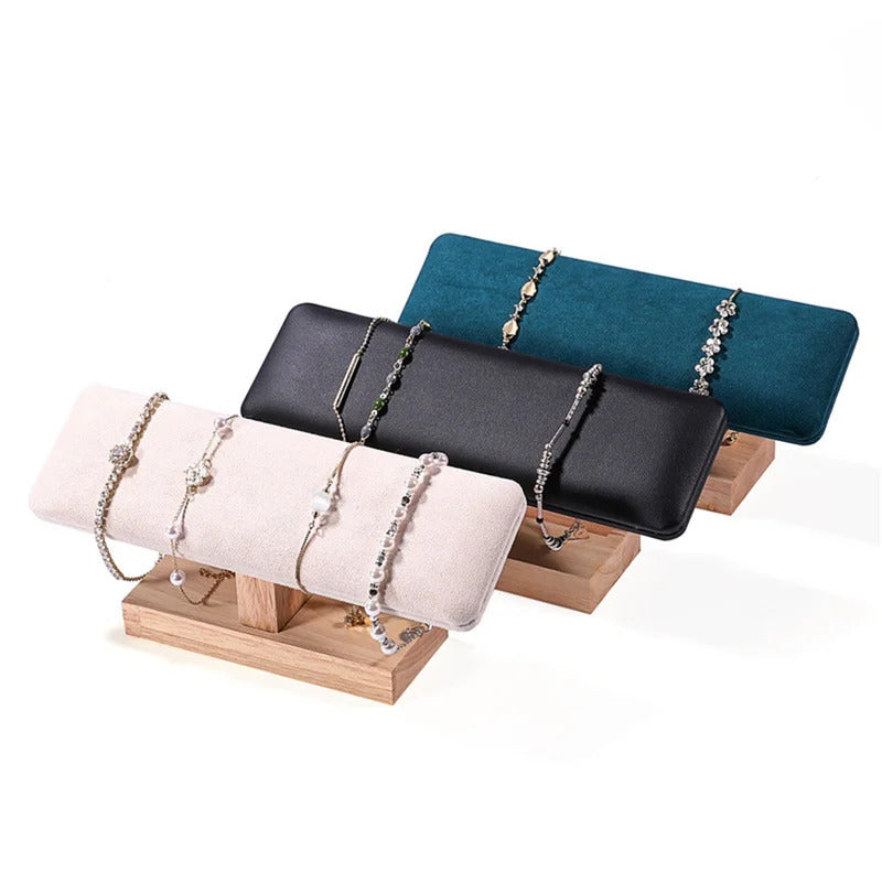 1pc Wooden Base T-Shaped PU Leather / Velvet Bracelet Display Rack Bangle Watch Hairband Jewelry Storage Stand Holder Organizer