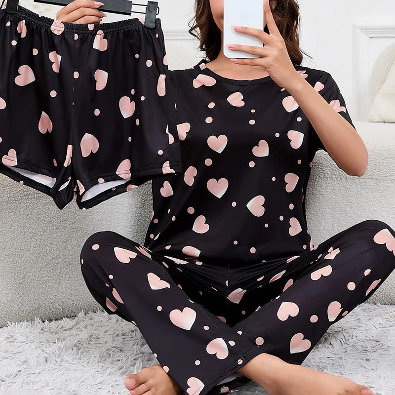 Women's Short Sleeve Crew Neck Top With Shorts And Pants 3 Piece Loungewear Sleepwear Lounge Sets Nighty Print Casual Pajama Set