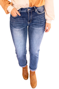 Sky Blue Embroidered Cow Straight Leg Jeans