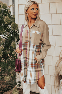 Khaki Plaid Patchwork Long Sleeve Shirt Mini Dress