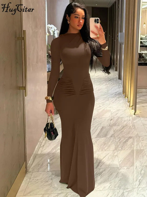 Hugcitar 2024 Autumn Solid Long Sleeve Draped Sexy Bodycon Maxi Prom Dress Women Fashion Y2K Outfits Evening Party Festival