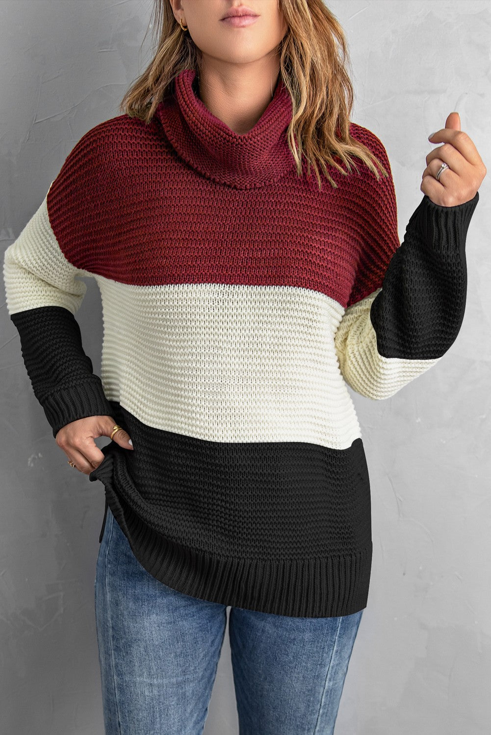 Black Turtleneck Color Block Pullover Sweater