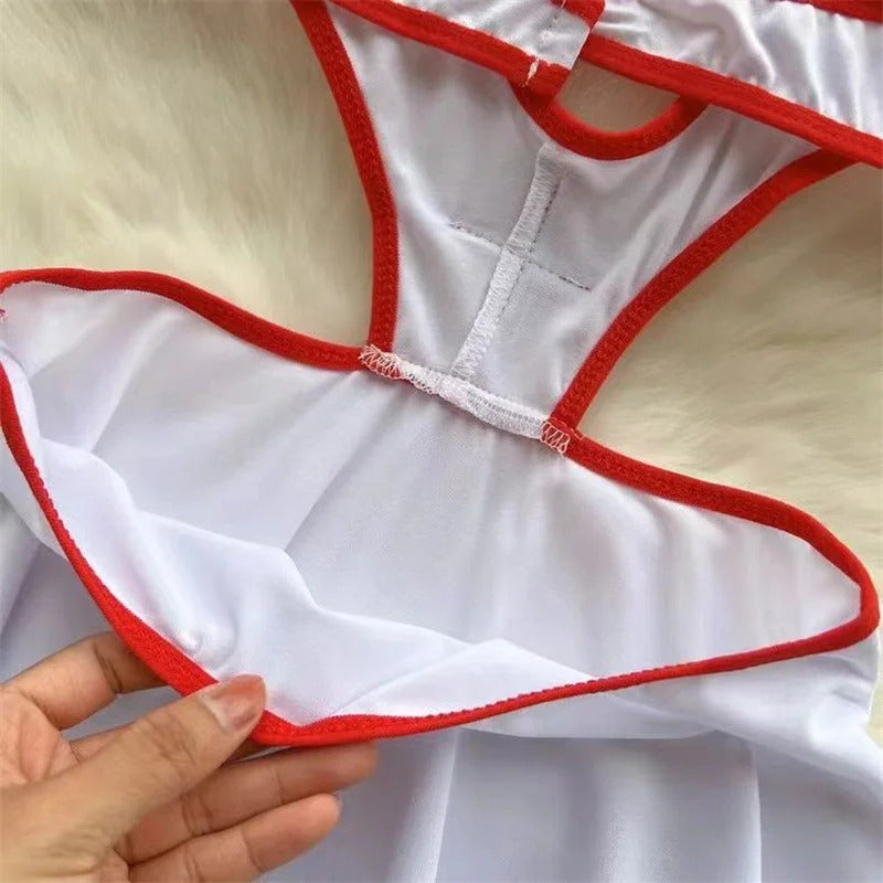 Dropped Waist Women's Sexy Sweet Nurse Cosplay Uniform Lingerie Set Revealing Neckline Lace Trimmed Nightgown Costume Dresses