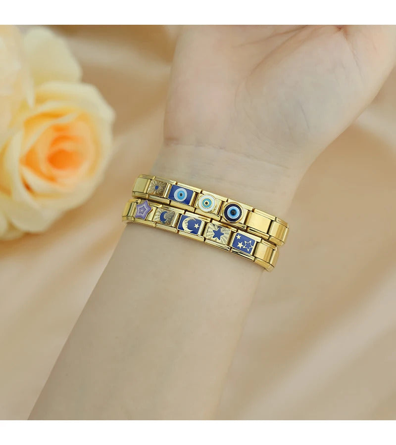 Hapiship Drop Shipping 2024 Moon Star Eye Golden Italian Charm Links Fit 9mm Stainless Steel Bracelet Wholesale Jewelry DJ1373-A