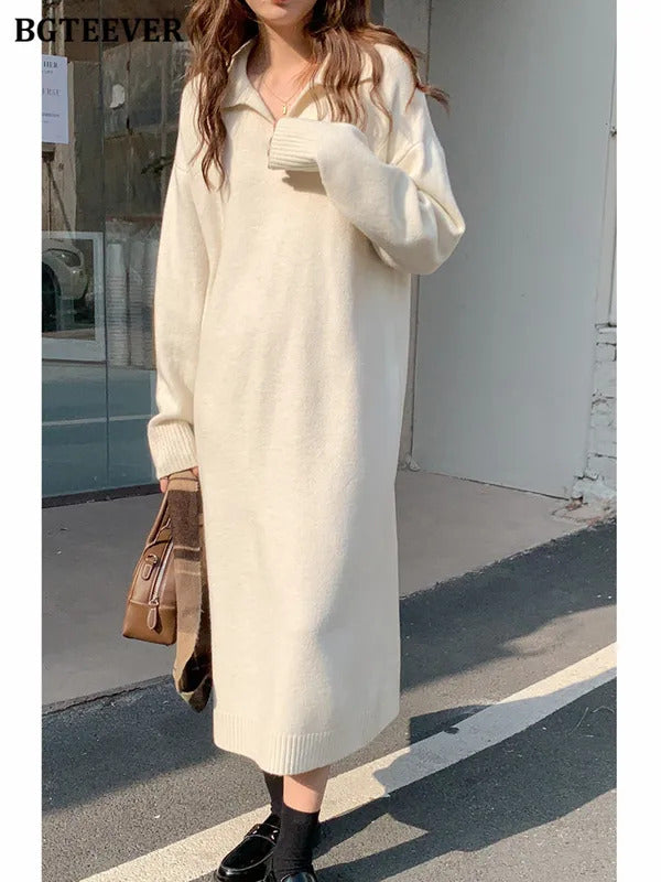 BGTEEVER Casual Thicken Warm Loose Sweater Dress Women Autumn Winter Lapel Full Sleeve Solid Long Knitted Dress Female vestidos