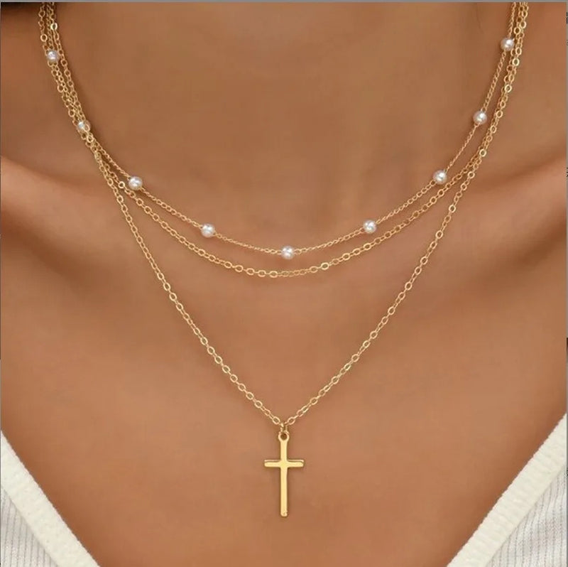 FTCY 3pcs Women's Pearl Necklace Set 14K Gold Fashion Love Heart Pendant Waterproof Hypoallergenic Collarbone Neck Chain Jewelry