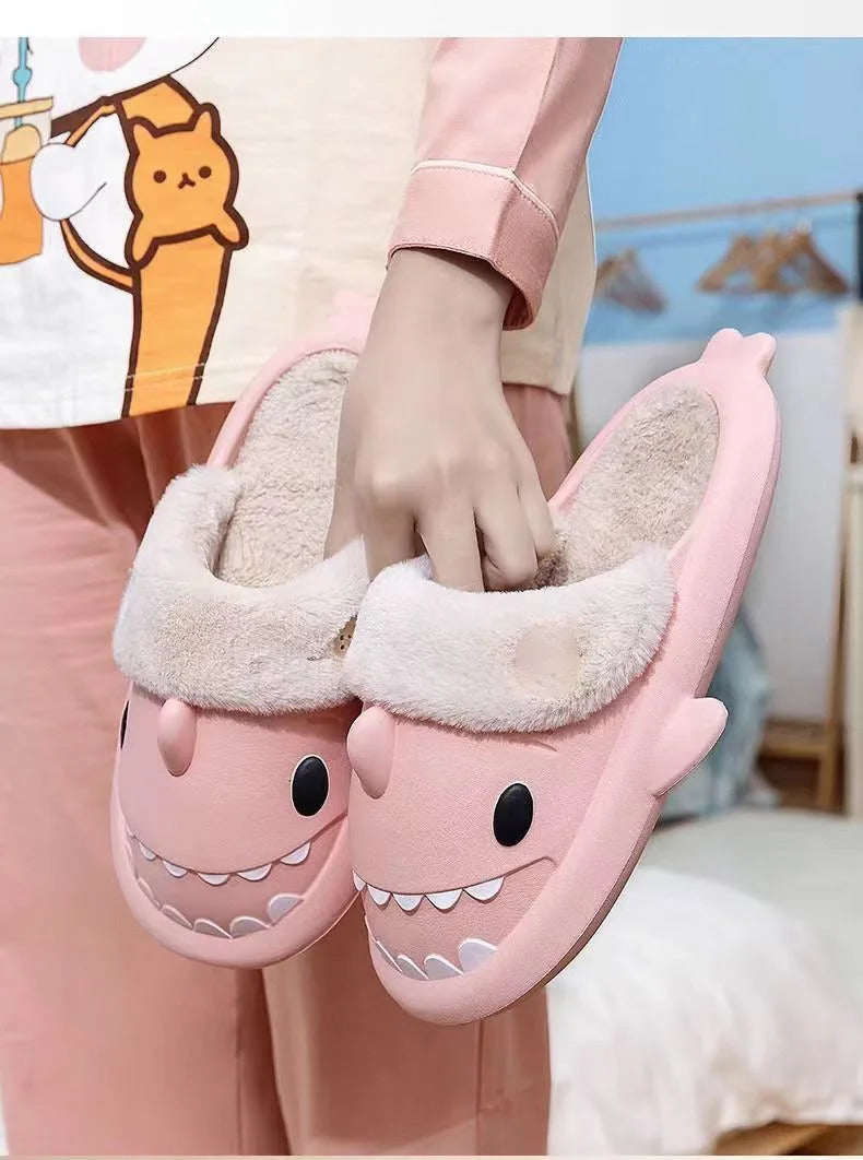 Winter Women Shark Slippers Couple Removable Liner Indoor Warm Cute Shark Slides Plush Cotton Flip Flops Home Indoor Cotton Shoe