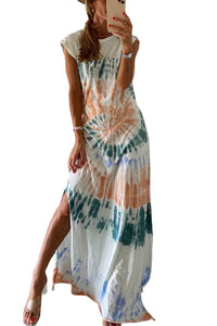 Women's Cap Sleeve Tie Dye Long Slit Summer Dress