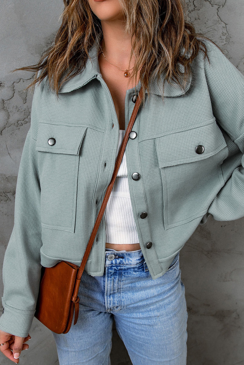 Khaki Waffle Knit Buttons Cropped Jacket with Pockets