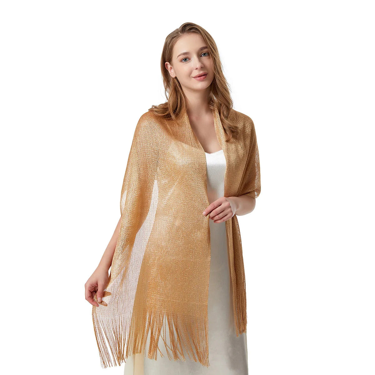 Fashion Bright Silk Sunscreen Shawl Hijab Gold Silver Shiny Scarves For Women Lace Tassel Party Evening Dress Scarf