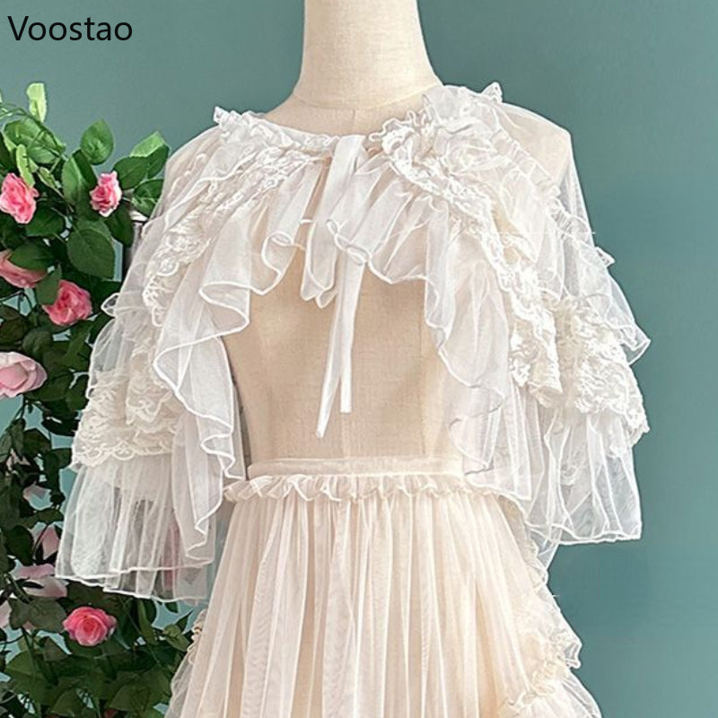 Lolita Short Shawl Coat Women Sweet Kawaii Lace Mesh Open Front Poncho Gothic Girls Retro Cute Princess Capes Cardigan Outerwear